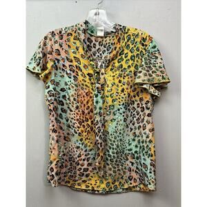 VTG 90s Y2K Fabiola USA Top Womens Large Animal Tie Neck‎ Colorful Artsy